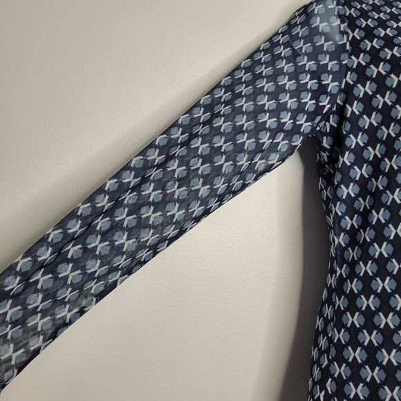 Rafella blue geometric print semi sheer sleeves mock neck career long sleeve M - Picture 3 of 7